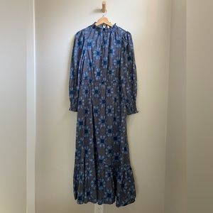 Navy Quilted Pattern High Neck Maxi Dress